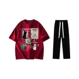 Комплект одежды (Благородный красный футболка + черные повседневные штаны)