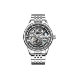 Серебряный корпус с черным циферблатом, стальной браслет.