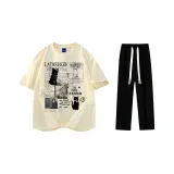 Комплект одежды (Бежевая Желтая Футболка + Черные Повседневные Штаны)