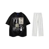 Комплект одежды (Черная футболка + Белые штаны с серым фотинией, повседневные штаны)