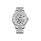 Серебряный корпус, белый циферблат, стальной ремешок.