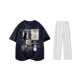 Комплект одежды (Темно-синяя футболка + Бело-серые повседневные штаны)