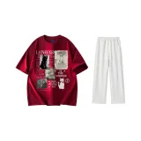 Комплект одежды (Благородный красный футболка + Белые серые вересковые повседневные штаны)