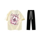 Комплект одежды (Бежевая Желтая Футболка + Черные Повседневные Штаны)