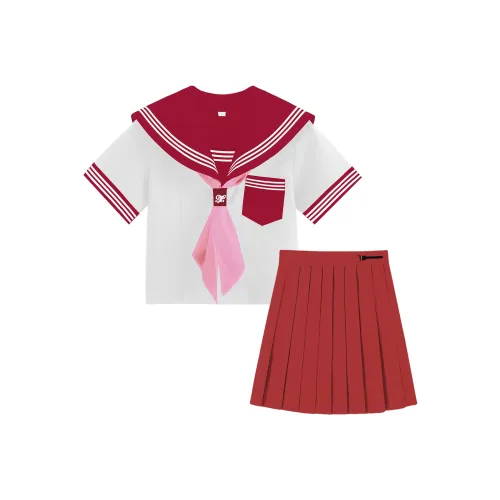 SHENBEI JK Новый Красный THREE Комплект Короткий Рукав+Короткая Юбка+Ярко-Розовый Шарф с Красным Застежкой Женские Юбочные Комплекты