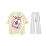 Комплект одежды (Бежевая Желтая Футболка + Белые Серые Фотиния Повседневные Штаны)