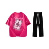 Комплект одежды (Розовая и красная футболка + черные повседневные штаны)