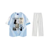 Комплект одежды (Светло-синяя футболка + Бело-серые повседневные штаны)