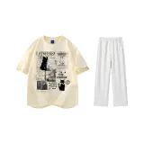 Комплект одежды (Бежевая Желтая Футболка + Белые Серые Фотиния Повседневные Штаны)