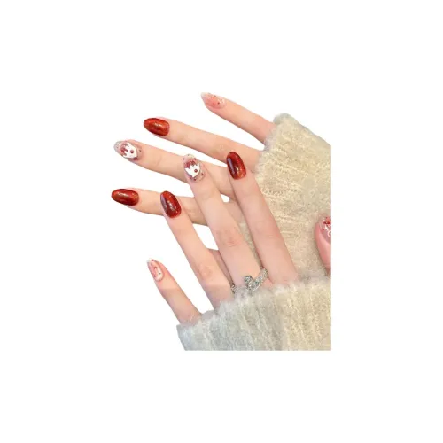 Fanze Клубничный торт Мороженое Бант False Nail Овал Красный Jump Цвет Милый