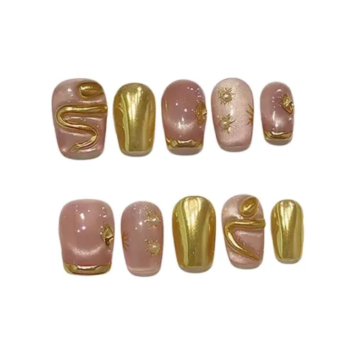 Fanze Золотая Змея Приносит Удачу 3D Золотая Змея False Nail Короткий LADDER Золотой Градиентный Glossy 15мм