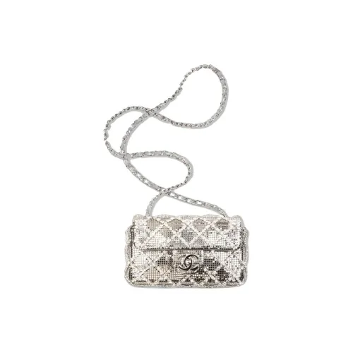 CHANEL Вышитая версия стразы серебряный металл сумка с клапаном сумка через плечо мини женская серебряная