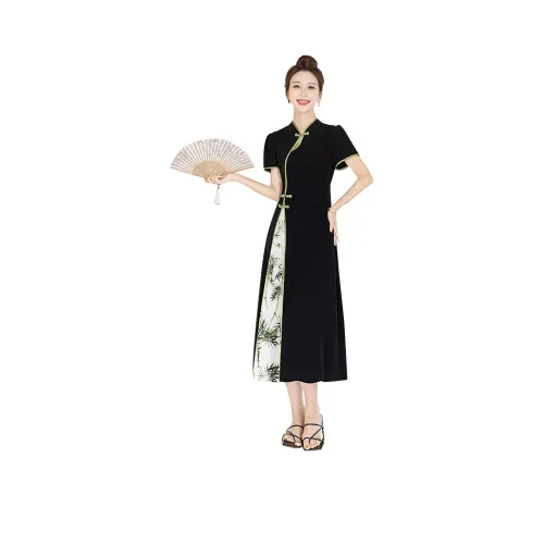 Cypress House Чонсам Женские Черный и Зеленый Бамбук