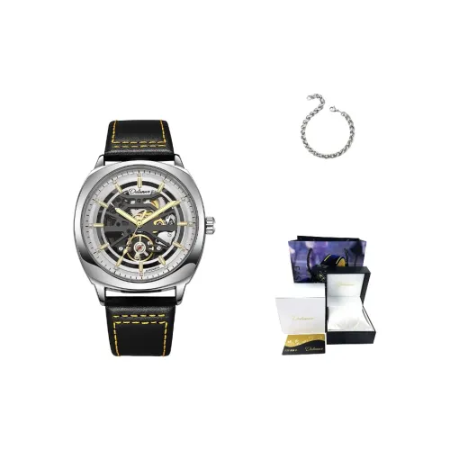 Dulunwe Автоматический Механический Механизм Естественная Кожа Ремешок Часы Мужские Черный Циферблат