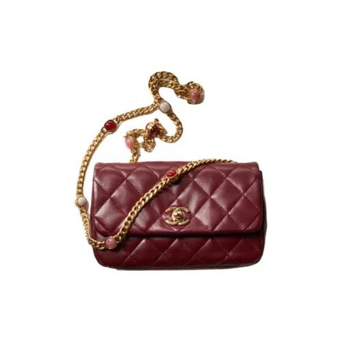CHANEL Lambskin Flap Bag Crossbody Bag Small Women's Burgundy