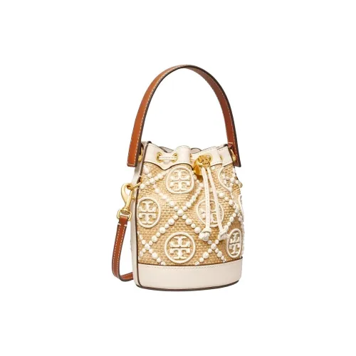 TORY BURCH T Monogram Вышивка Соломенное плетение Ведрообразная сумка Сумка через плечо Сумка мини Женская цвет слоновая кость