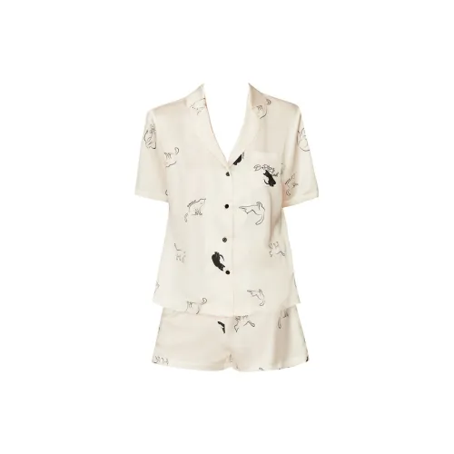 DPLAY SWEET Белое основание Кошка Короткий рукав Набор Женские Пижамные комплекты