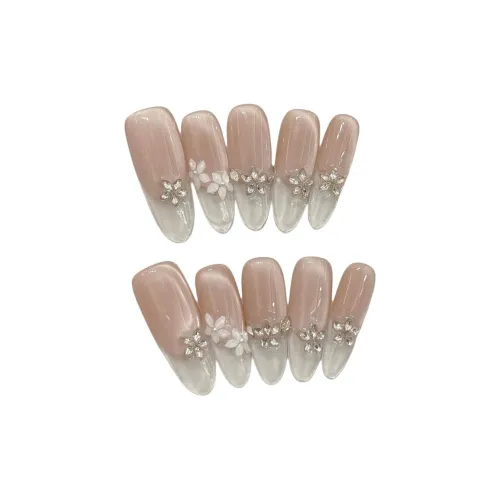 Fanze Мечтательный Цветочный дизайн FACET Ледяная прозрачность Кошачий глаз Циркон с Ледяным Цветочным дизайном Pave False Nail Овал Длинный Розовый Градиентный Coquette