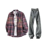 Red Plaid + Nostalgic Blue Pants  
Красная клетка + ностальгические синие штаны