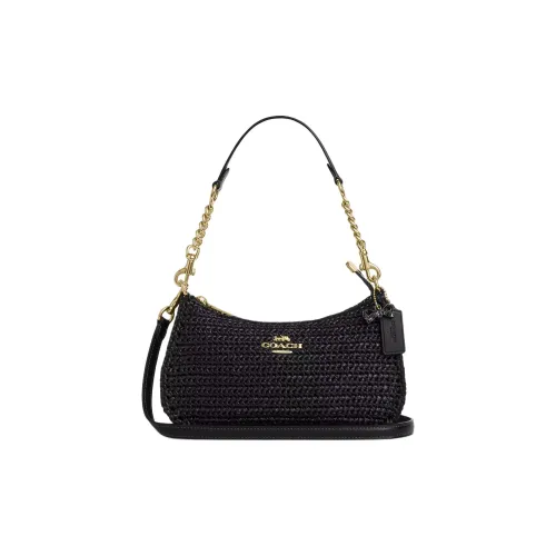 COACH Teri Плетеная соломенная кожа с гладкой кожей Сумка через плечо плечевая сумка Средняя Женская Черная