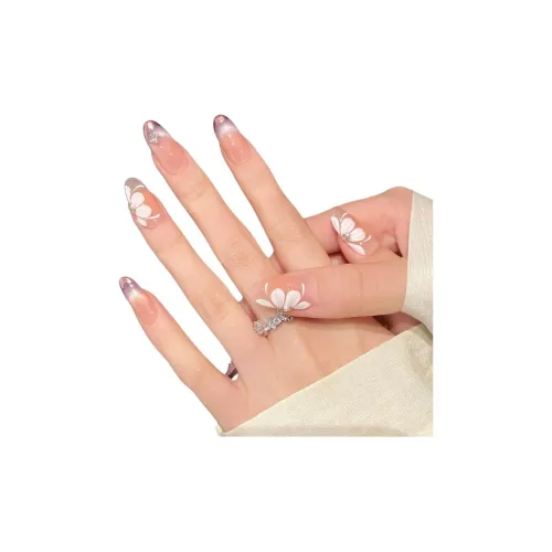 Fanze Фиолетовый Ледяной Цветочный дизайн Фиолетовый Французский Улыбка Кошачий глаз False Nail Средний Steepness Овал Розовый Градиентный Flashing