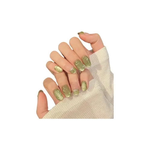 Fanze Весна Infused Ручной работы Цветочный дизайн False Nail Овал Зеленый Градиентный Кошачий глаз