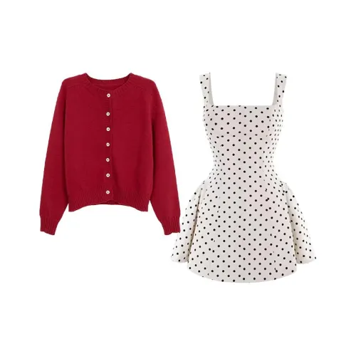 MARIE·COCO Красный кардиган + гороховый узор платье-камзол женские комплекты с юбкой