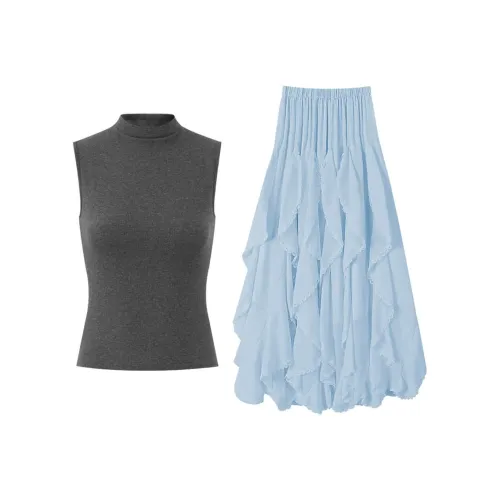 MARIE·COCO Темно-серая майка + синяя юбка женские комплекты с юбкой