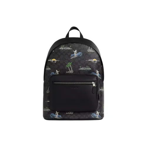 COACH Покрытый холст Рюкзак Большой Унисекс Черный