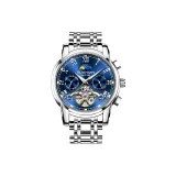 Серебряный корпус, синий циферблат, стальной ремешок