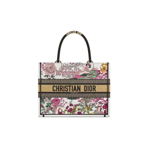 DIOR BookTote Хлопок Тоут Сумка Сумка для покупок Сумка на плечо Сумка среднего размера Женская Белая и Розово-красная