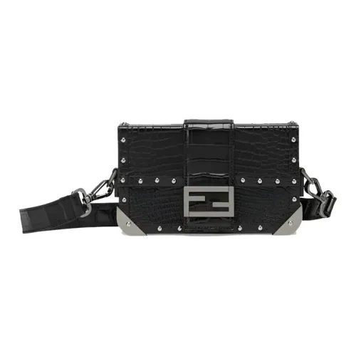 FENDI BaguetteTrunk Крокодиловый узор Кожа Багетная сумка Сумка для коробок Сумка через плечо Мини Мужской Черный