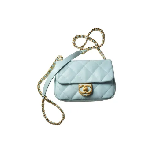 CHANEL Sheepskin Metal Flap Bag Crossbody Mini Women's Light Blue