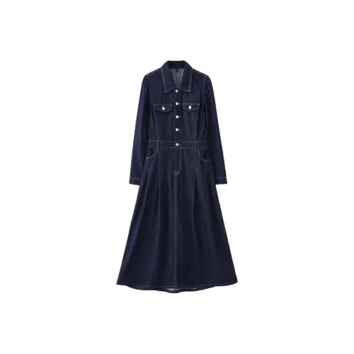 Musewave Винтаж Гонконгский шик Коммутирование Похудение Юбка 25 Лето Французский Элегантность Длинный рукав Отложной воротник Джинсовое платье Женские