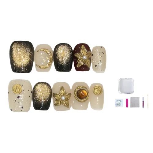 JIDUOMENG False Nail 'Starlight Gold' Тисненый Маленький цветок Ручная роспись Ленты для ногтей Съемные наращенные ногти