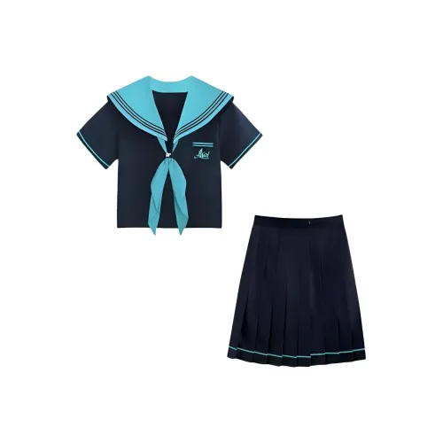 WICK BUEN Двухкомпонентный комплект [Черный и Синий топ + Черная юбка] Женская униформа