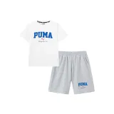 Белый топ, серый низ, штаны.