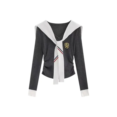 Dear Zhazha Серый Пэчворк Длинный Рукав Женская Трикотаж