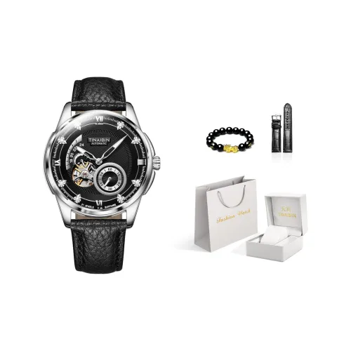 TINAIBIN Автоматический механический механизм часы с ремешком из коровьей кожи унисекс черный циферблат