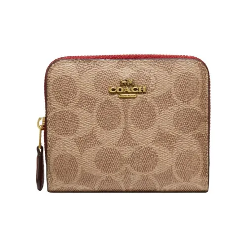 COACH Кошелек Billfold Wallet с покрытием из холста держатель для карт из телячьей кожи кошелек для монет кошелек для женщин коричневый и красный