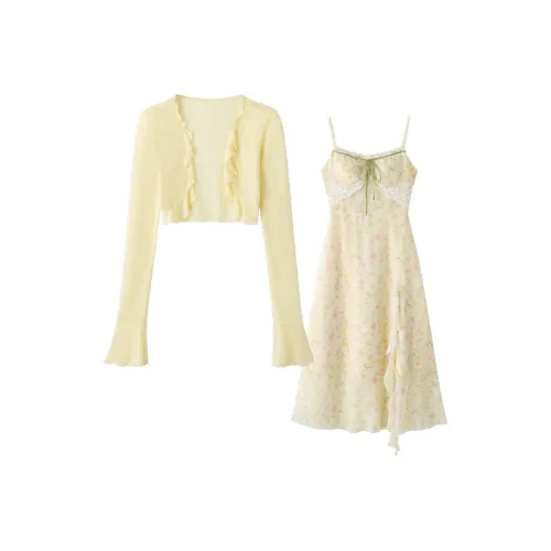 fabric pig Желтый кардиган + платье женские комплекты с юбкой