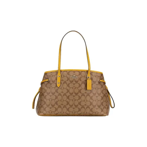 COACH Шнурок Покрытый Холст Тоут Сумка Сумка для покупок Сумка через плечо Сумка Большая Женская Хаки и Желтая