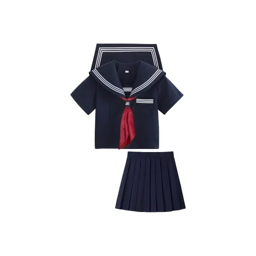 WLEQK Темно-синий Короткий С короткими рукавами Топ + Темно-синий Короткая Юбка 42 см + Бургунди Детский Бандана Бибс + Snap Пуговица Женская Униформа