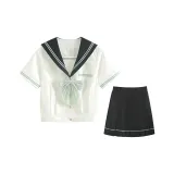 Горный Зеленый Короткий Рукав + 43 см Короткая Юбка + Гороховый Узор Бант