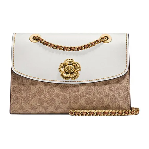 COACH Паркер Холст с кожей Сумка Сумка через плечо Средняя Женская Белая и Коричневая