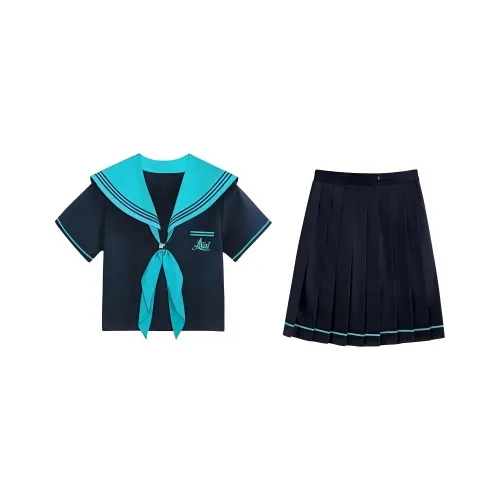 WLEQK Короткий рукав Топ + Плиссированная юбка + Шарф Женская униформа