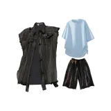 Дымчатый серый жилет + черные шорты + синяя внутренняя одежда