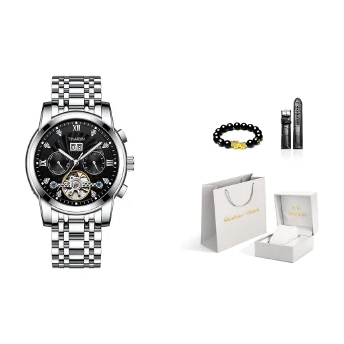 TINAIBIN Автоматический механический механизм ремешок из нержавеющей стали черный циферблат мужские часы