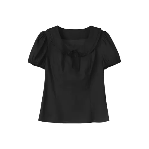 Fstudio Летний Корейский стиль Воротник Питера Пэна С рюшами на подоле С утяжкой на талии Дизайн Короткий рукав Рубашка Женская