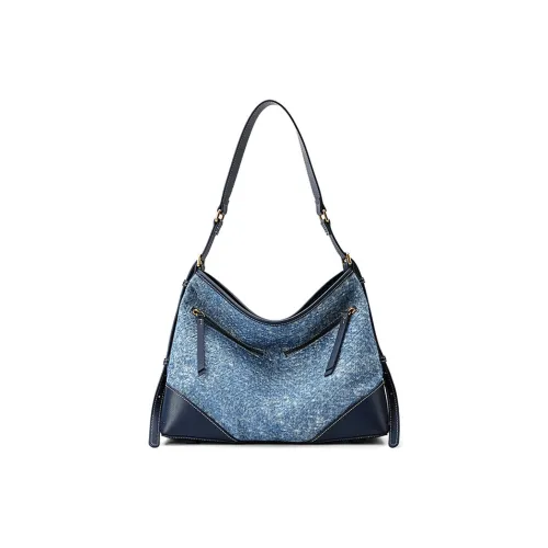 HONGU Сумка из коровьей кожи с текстилем плечо стандартная женская синяя